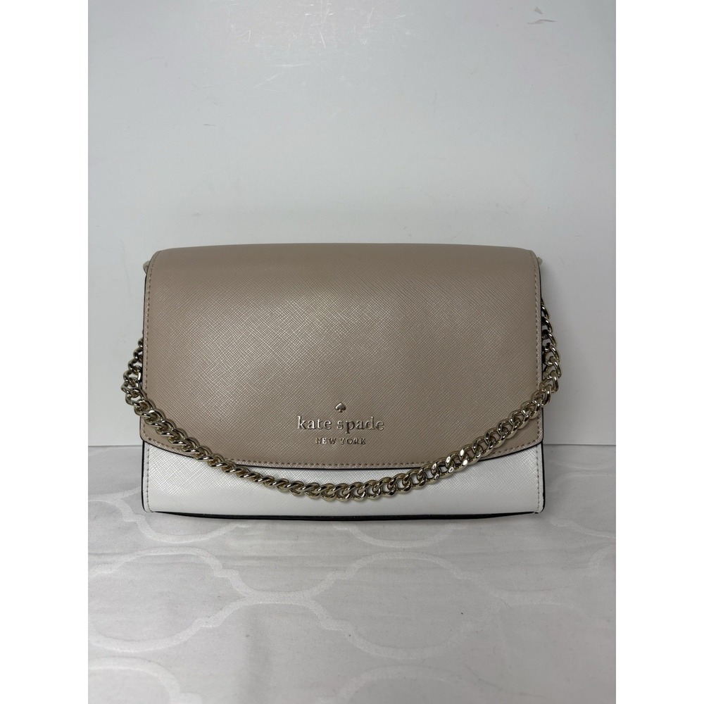 Kate Spade New York Carson Purse Beige White Black Gold Tone Link Handle READ